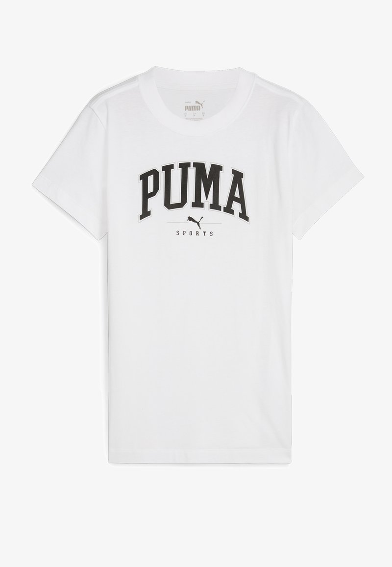 Valkoinen puuvillapaita, jossa on musta "PUMA" -grafiikka ja "SPORTS" -teksti alla. Lyhyet hihat ja pyöreä kaula-aukko. Keveä kangas.