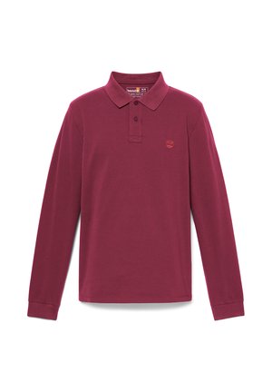 Burgundowa koszula polo z długim rękawem, wykonana z bawełny, z kołnierzykiem, listwą guzikową i małym wytłoczonym logo na lewej piersi.