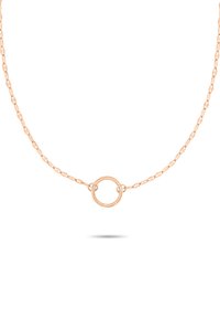 Rosa guld kæderekke med en cirkulær vedhæng. Kæden har et ovalt led-desgin, og vedhænget er en glat ring uden udsmykninger.