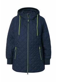 Giubbotto trapuntato blu navy con cappuccio, dotato di lacci verdi, chiusura con zip e tasche, e polsini a coste.