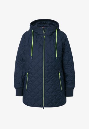 Marineblauwe gewatteerde jas met een capuchon, voorzien van groene trekkoorden, een rits aan de voorkant en zakken, en ribgebreide manchetten.