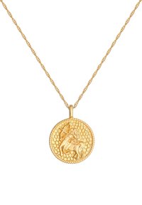 Guldringhalskæde med en tekstureret rund medaljon, der viser et hævet motiv af en ridder på en hest. Snoet kæde tilføjer detaljer.