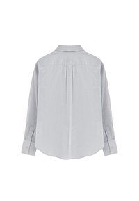 Vista posteriore di una camicia a bottone a righe blu chiaro e bianche, con maniche lunghe, polsini ripiegati e una piega centrale per il movimento.