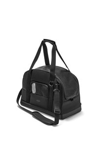 Trasportino morbido nero per animali con pannelli di ventilazione in rete, cerniera superiore, tasca frontale e tracolla regolabile.