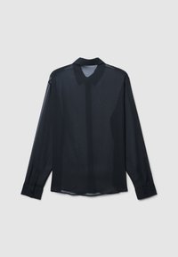Schwarze, langärmlige, transparente Bluse mit kragenähnlichem Hals, Knopfmanschetten und gerader Saum. Leichte, glatte Stoffstruktur.