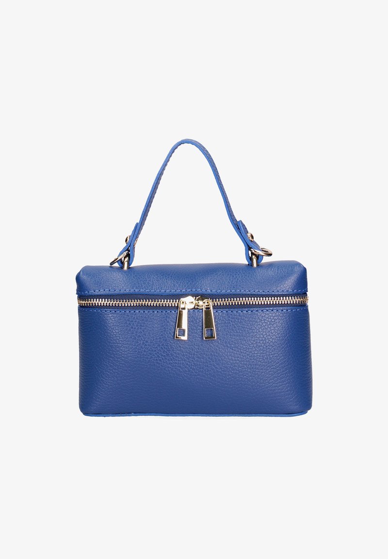 Sac à main en cuir bleu avec une forme structurée, fermeture éclair et quincaillerie métallique. Il présente une seule poignée pour le transport.
