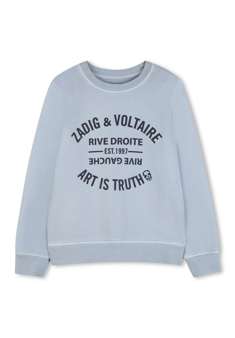 Φωτεινό γαλάζιο φούτερ με μαύρο κείμενο που αναγράφει "Zadig & Voltaire Rive Droite Est. 1997 Rive Gauche Art Is Truth" και ένα μικρό εικονίδιο κρανίου.