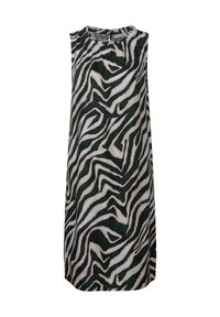 Ärmlös klänning i lätt tyg med ett zebramönster i grönt, svart och vitt. Har rund halsringning och en lös, rak passform.