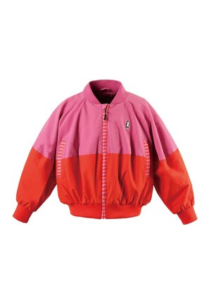 Kinder-Bomberjacke in Pink- und Rotblockfarben mit gestreiftem Reißverschluss, seitlichen Taschen, gerippten Bündchen und kleinem Pinguin-Logo auf der Brust.