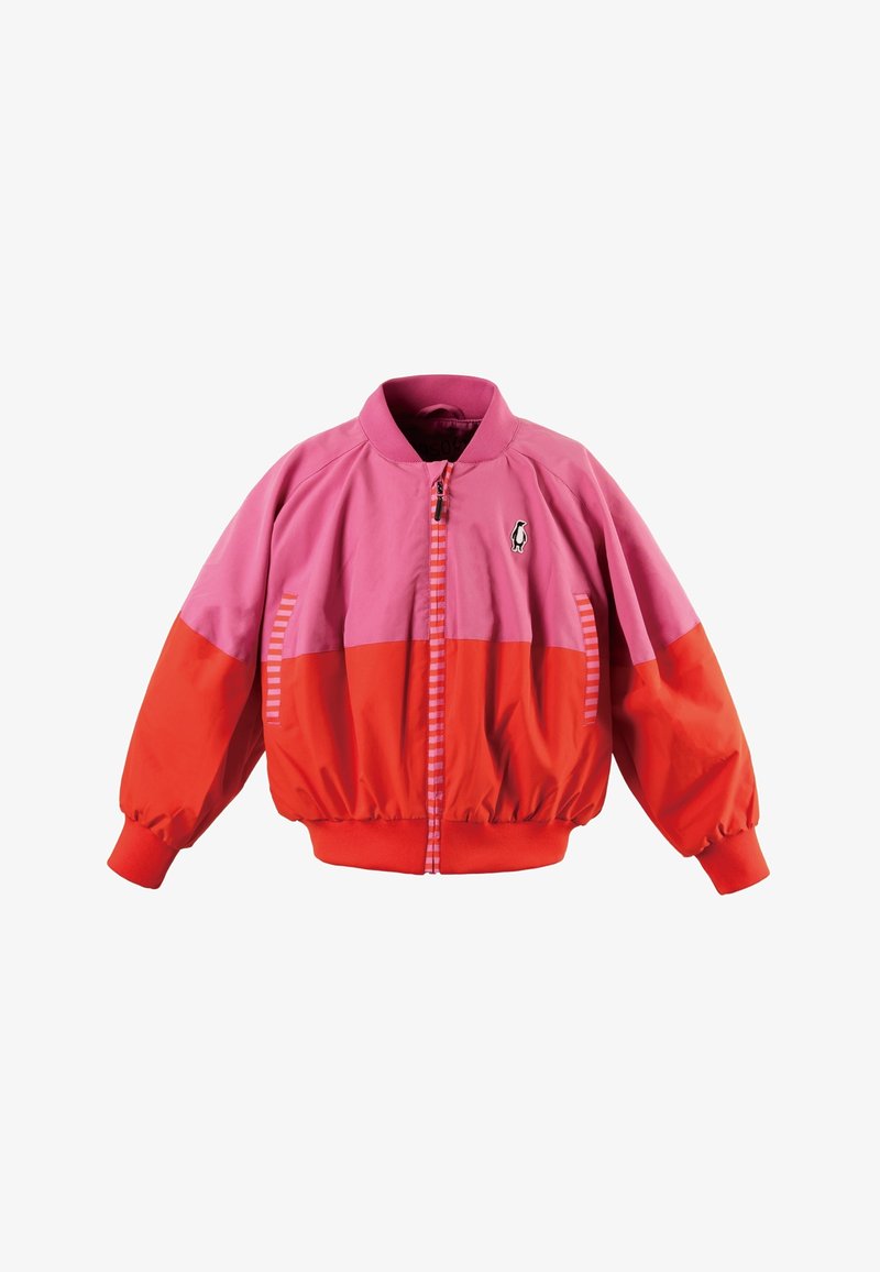 Kinder-Bomberjacke in Pink- und Rotblockfarben mit gestreiftem Reißverschluss, seitlichen Taschen, gerippten Bündchen und kleinem Pinguin-Logo auf der Brust.