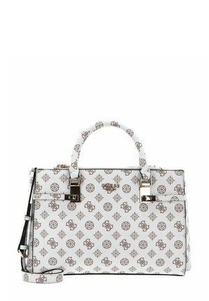 Borsa bianca con motivo logo marrone ripetuto, design strutturato, manici superiori doppi e tracolla rimovibile.