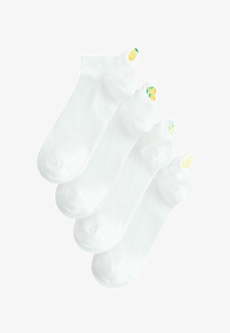 Quatre paires de chaussettes blanches pour chevilles avec de petits motifs d'agrumes brodés sur le talon.