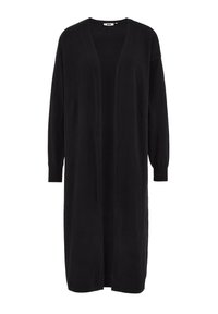 Cardigan nero lungo in tessuto morbido, caratterizzato da scollo a V, apertura frontale e maniche lunghe con polsini a coste. Design semplice e elegante.