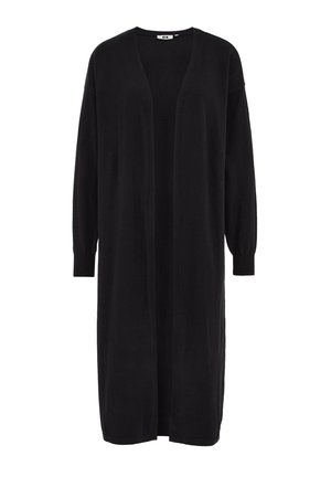 Lange zwarte cardigan van zachte stof, met een V-hals, open voorkant en lange mouwen met geribde boorden. Eenvoudig en strak ontwerp.