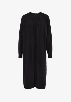 Cardigan long noir en tissu doux, avec un col en V, devant ouvert et manches longues avec poignets côtelés. Design simple et élégant.