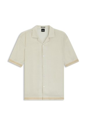 Camicia beige chiaro a maniche corte con bottoni, motivo sottile, colletto alla coreana e polsini e orlo a righe.