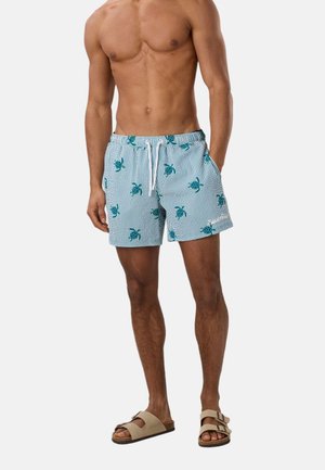 Shirtless man wearing light blue striped swim shorts with green turtle print and beige double-strap sandals, standing with one hand in pocket.