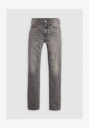 Grå denimjeans med rett ben-design, som har en klassisk femlommers layout, kobberdetaljer og subtil falming for tekstur.