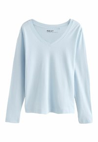 Cămașă bleu deschis cu mânecă lungă și decolteu în V, cu o textură moale și tiv drept. Fabricată dintr-un material confortabil, având detalii minime de cusătură.