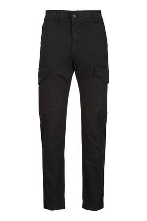 Black straight-leg cargo pants with front flap pockets, belt loops, and a button closure at the waist.