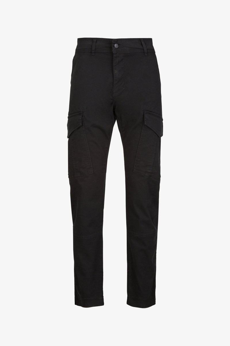 Zwarte rechte cargo-broeken met voorflapzakken, riemlussen en een knoopsluiting bij de taille.