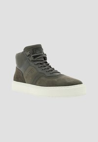 High-top sneaker in dark gray suede and mesh with white rubber sole. Features laces, logo on tongue, and textured accents on sides.