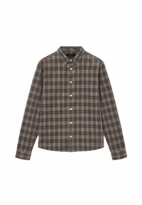 Braun- und graues Karo-Hemd mit Kragen, langen Ärmeln und vorderer Knopfleiste. Hergestellt aus einem strukturierten Stoff, mit kontrastierenden weißen Knöpfen.
