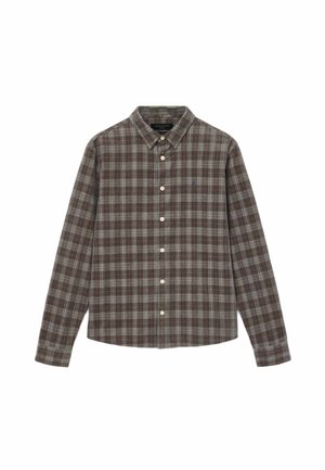 Brūns un pelēks ķekars ar pogām, ar apkakli, garām piedurknēm un priekšpuses pogu aizdari. Izgatavots no teksturētas auduma, ar kontrastējošām baltām pogām.