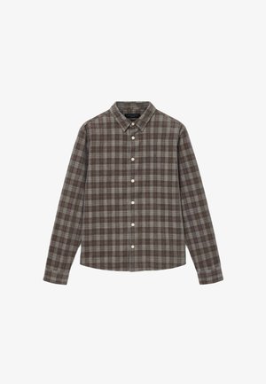 Hnedá a sivá kockovaná košeľa s golierom, dlhými rukávmi a predným zapínaním na gombíky. Vyrobená z textúrovanej látky, s kontrastnými bielymi gombíkmi.
