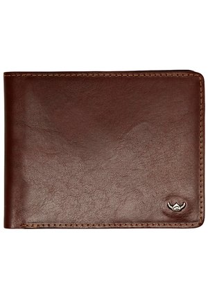 Portafoglio in pelle marrone con texture liscia, design a bi-fold e un piccolo logo in argento come accent. Presenta cuciture visibili lungo i bordi.