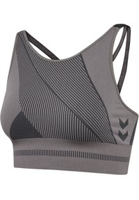 Szary sportowy biustonosz z teksturowanymi ukośnymi paskami, cienkimi podwójnymi ramiączkami i logo w kształcie jodełki na bocznym pasie.