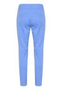 Light blue trousers with a slim fit, featuring a smooth cotton material, two back pockets, and a clean waistband.