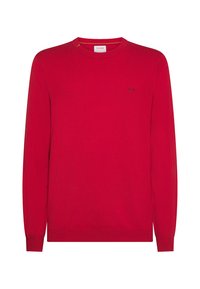 Maglione rosso lavorato a maglia con maniche lunghe, collo a giro e un piccolo logo nero sul petto. Texture morbida e silhouette aderente.