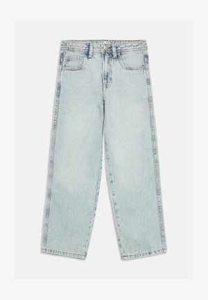 Šviesiai mėlynos spalvos džinsai iš džinso audinio, tiesios kojų formos, su penkiomis kišenėmis, kontrastinga siuvimo siūle ir sagos užsegimu juosmens srityje.