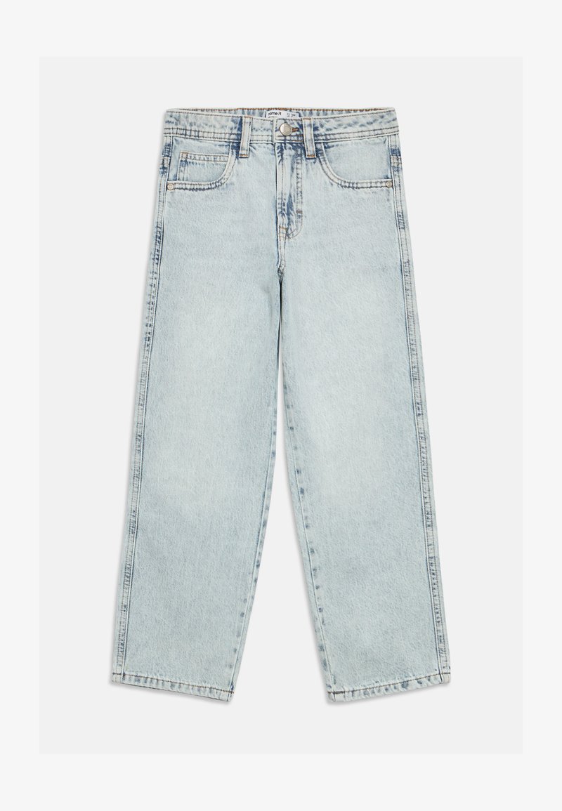 helehallid teksapüksid sirge säärega, millel on viis taskut, kontrastsed õmblused ja vöökohal nupuga kinnine.