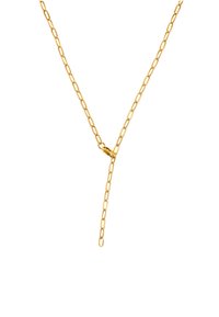 Collana in oro con maglie allungate, design a forma di Y con una singola catena pendente al centro, texture liscia in tutto il gioiello.