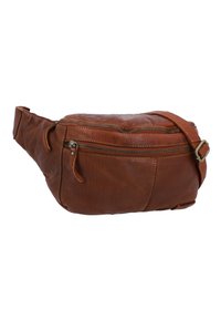 Sac banane en cuir marron avec deux compartiments zippés et une sangle ajustable avec boucle métallique.