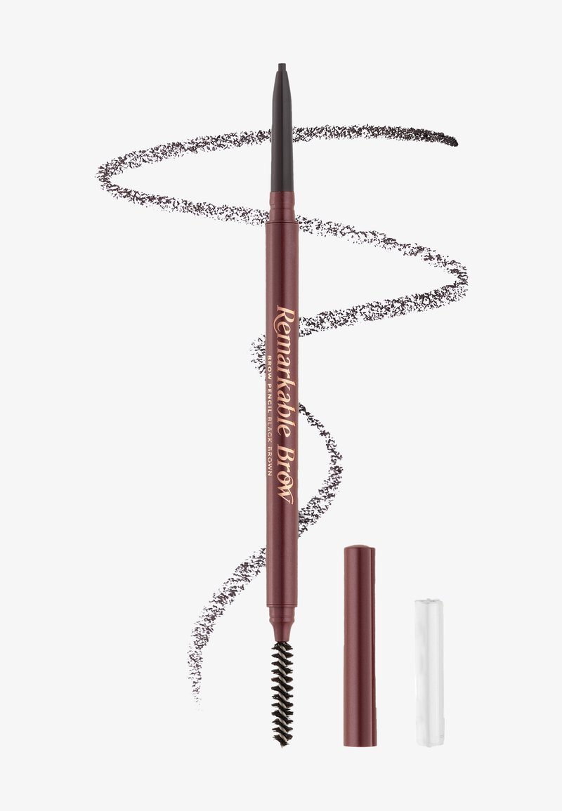 Crayon à sourcils avec un corps marron et une pointe noire, équipé d'une brosse spoolie. Accompagné d'un capuchon et d'une inscription dorée sur le crayon.