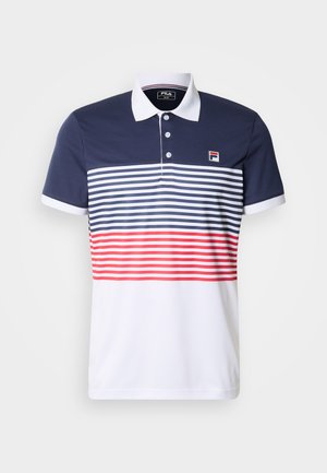 Polo rayé bleu marine, blanc et rouge avec col blanc, trois boutons, manches courtes et petit logo sur la poitrine.