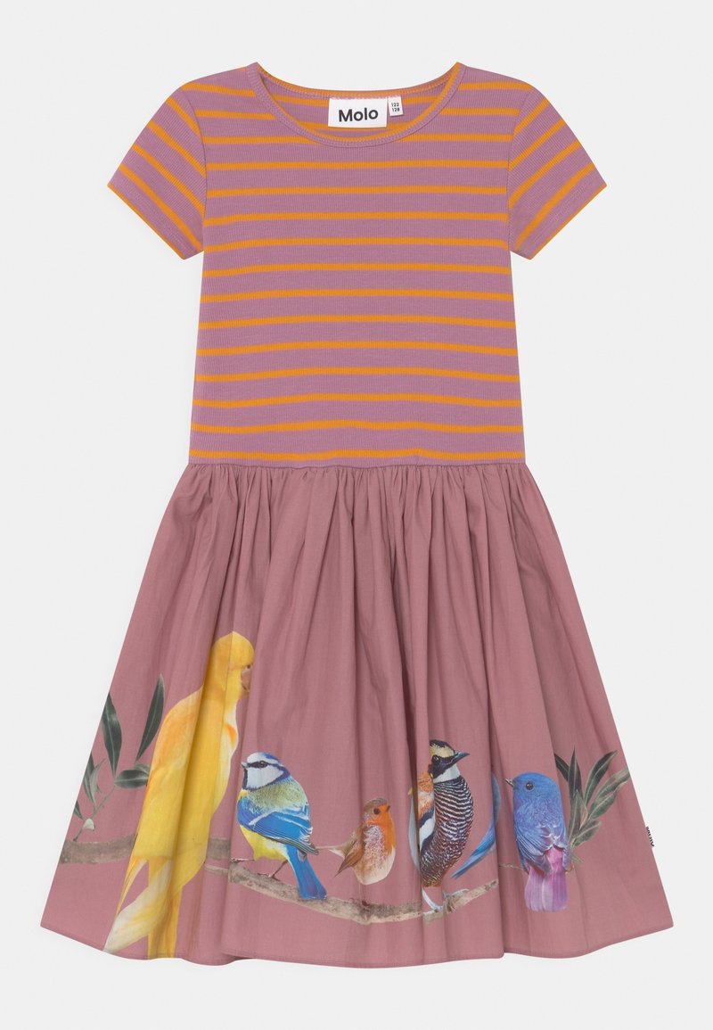 Šaty s krátkým rukávem s pruhem fialové a žluté barvy na vršku a růžovou sukní se barevným potiskem ptáků na spodním lemu. Materiál: bavlna.