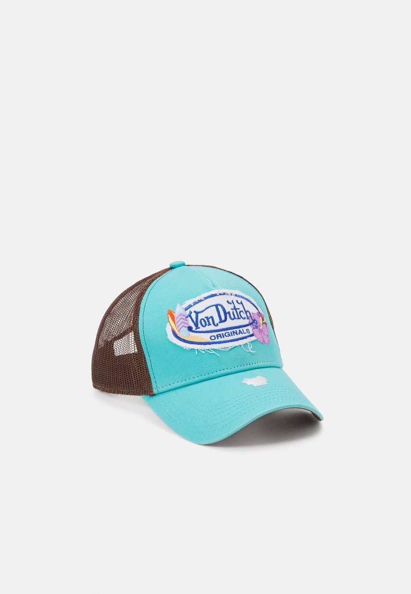 Casquette de baseball en mesh turquoise et marron avec une visière courbée et un patch brodé "Von Dutch Originals" à l'avant.