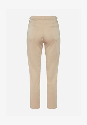 Beige bukser med lige ben, der har baglommer, bæltestropper og synlige sømme, vist bagfra mod en ensfarvet baggrund.