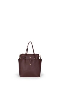 Borsa tote in pelle marrone con texture liscia, doppi manici e minuteria dorata. Presenta un accento con logo sulla parte frontale.