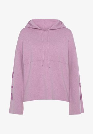 Lilac oversized hoodie with a kangaroo pocket, long sleeves, drawstring hood, and subtle contrasting graphic on sleeves. Soft fabric texture.