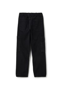 Zwarte cargobroek van katoen, met een elastische tailleband, twee achterzakken en zijzakken voor opbergruimte. Gladde textuur, recht gesneden pasvorm.