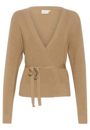 Cardigan avvolgente beige con maniche lunghe, scollatura a V e cintura da legare. Presenta una texture a costine e una silhouette aderente.