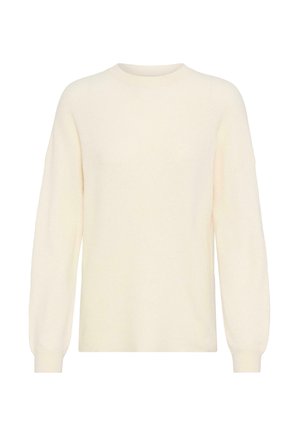 Pulover tricotat crem, cu guler rotund, mâneci lungi tip balon și o textură moale. Design simplu, fără modele sau embellishments.