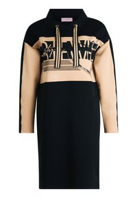 Sukienka z kapturem w kolorze granatowym i beżowym, z grafiką tekstową, długimi rękawami i bocznymi kieszeniami. Wykonana z miękkiego, komfortowego materiału.