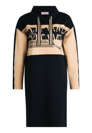 Sukienka z kapturem w kolorze granatowym i beżowym, z grafiką tekstową, długimi rękawami i bocznymi kieszeniami. Wykonana z miękkiego, komfortowego materiału.