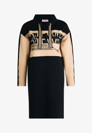 Sukienka z kapturem w kolorze granatowym i beżowym, z grafiką tekstową, długimi rękawami i bocznymi kieszeniami. Wykonana z miękkiego, komfortowego materiału.